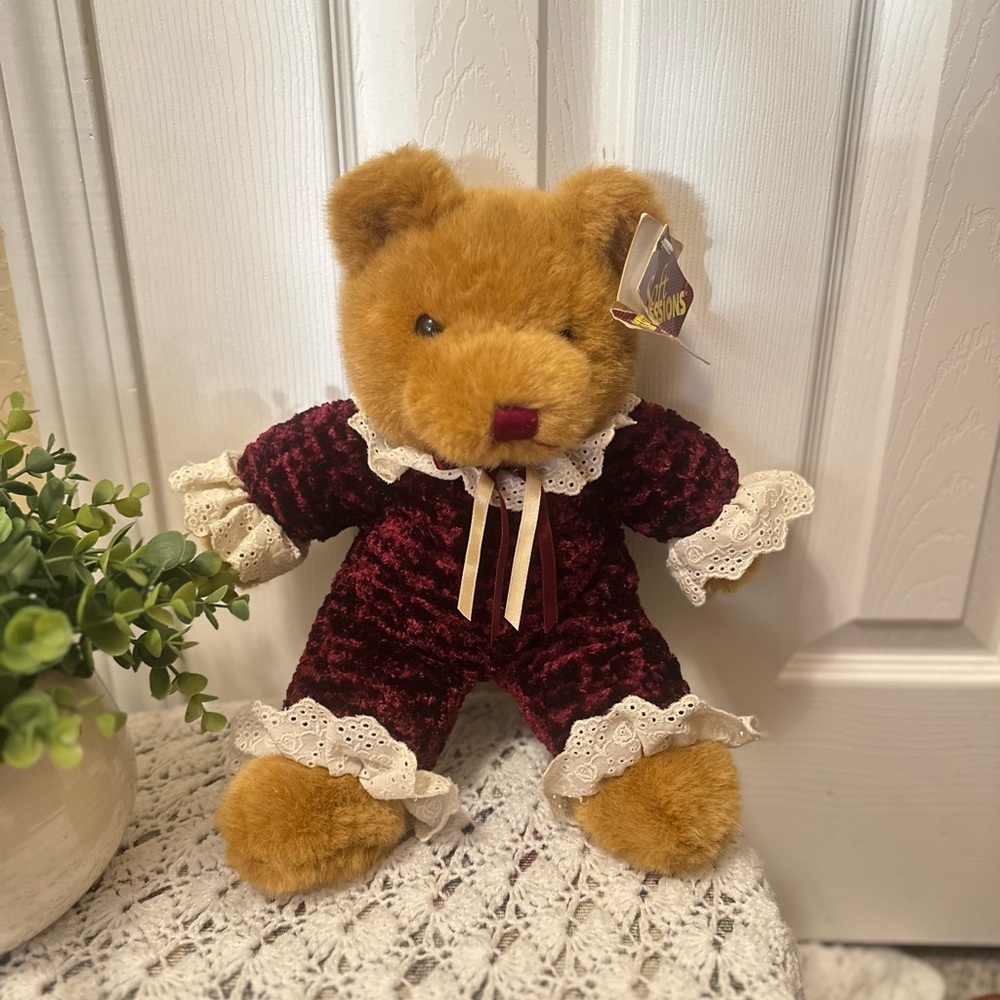 Soft Expressions Vintage Elegant Teddy Bear 14” with Burgundy Outfit